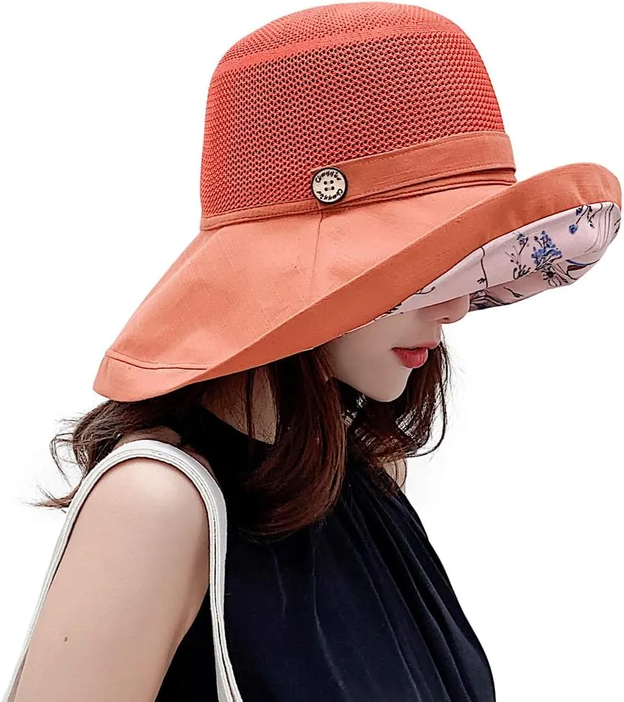 Women Mesh Sun Hats Summer Beach UV Protection UPF Packable Wide Brim Chin Strap
