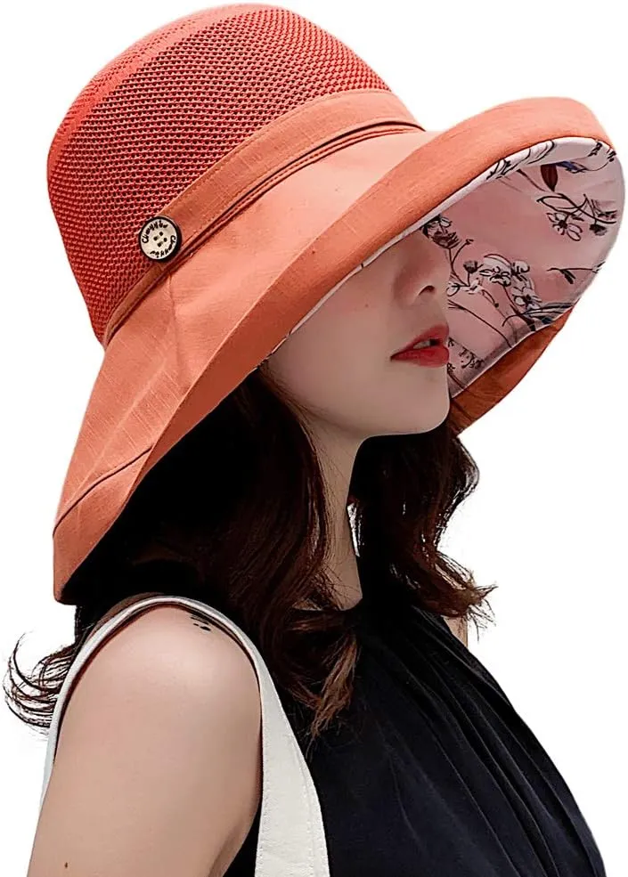 Women Mesh Sun Hats Summer Beach UV Protection UPF Packable Wide Brim Chin Strap