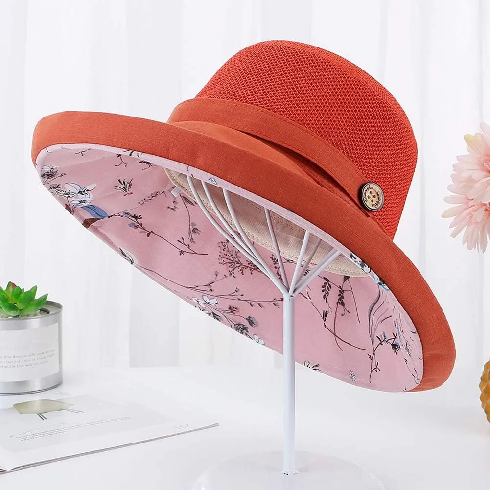 Women Mesh Sun Hats Summer Beach UV Protection UPF Packable Wide Brim Chin Strap