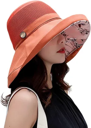 Women Mesh Sun Hats Summer Beach UV Protection UPF Packable Wide Brim Chin Strap