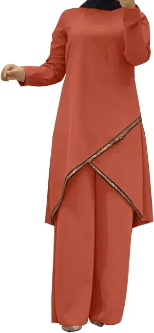 Women Muslim Suit Two Piece Sets Long Sleeve Top Robe and Pants Kaftan Ramadan Dress Islamic Abayas for Women Dubai Outfits