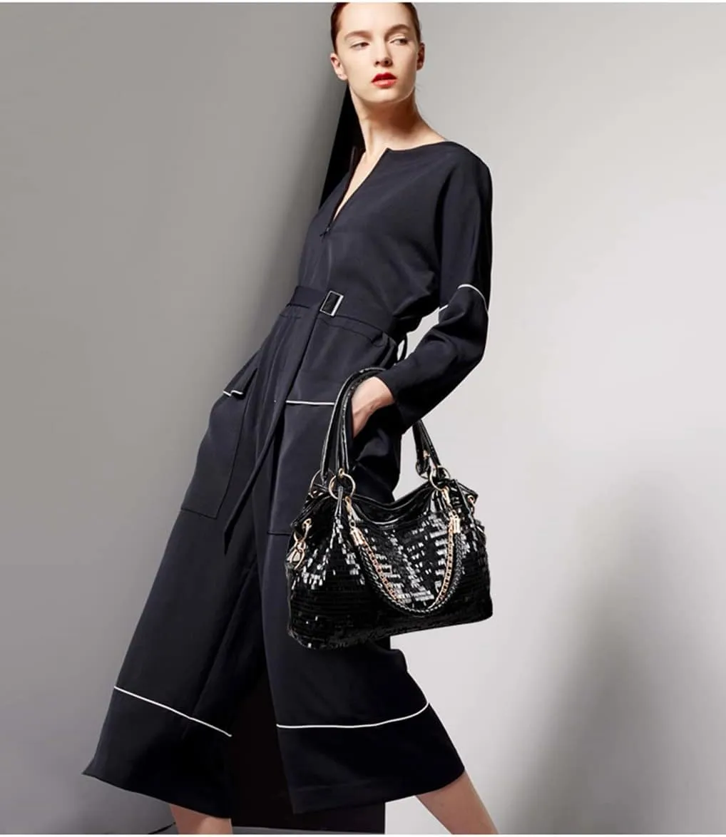 Women Patent Hobos Shiny Top-Handle Bags Chain Handbags Large Shoulder Bags for Ladies Sequin Purse