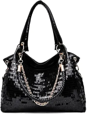 Women Patent Hobos Shiny Top-Handle Bags Chain Handbags Large Shoulder Bags for Ladies Sequin Purse