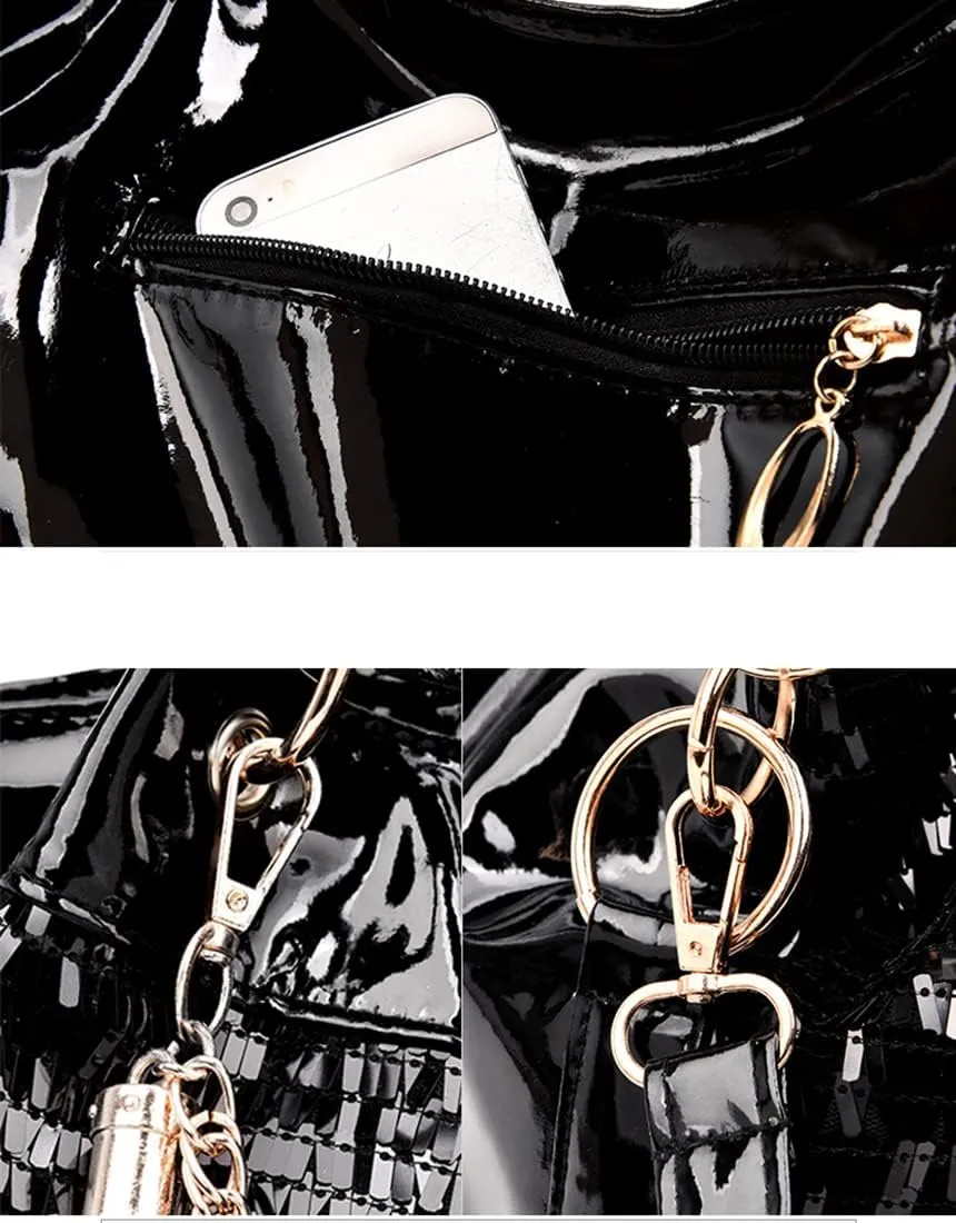 Women Patent Hobos Shiny Top-Handle Bags Chain Handbags Large Shoulder Bags for Ladies Sequin Purse