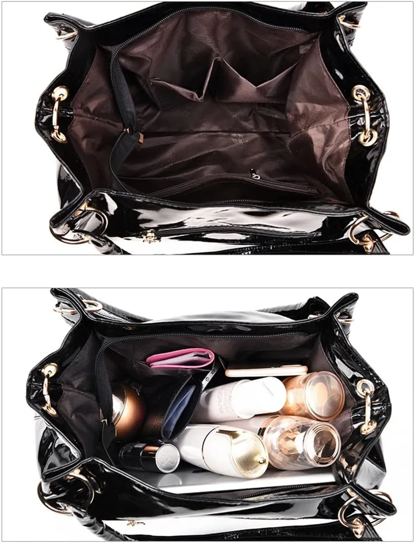 Women Patent Hobos Shiny Top-Handle Bags Chain Handbags Large Shoulder Bags for Ladies Sequin Purse