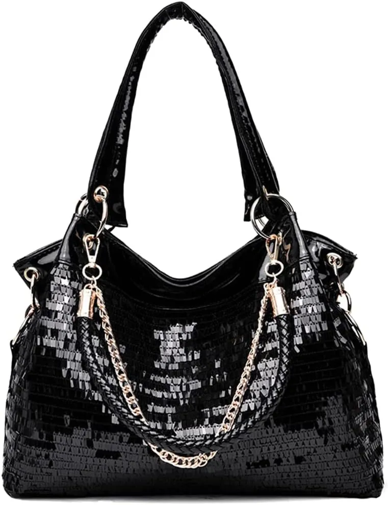 Women Patent Hobos Shiny Top-Handle Bags Chain Handbags Large Shoulder Bags for Ladies Sequin Purse