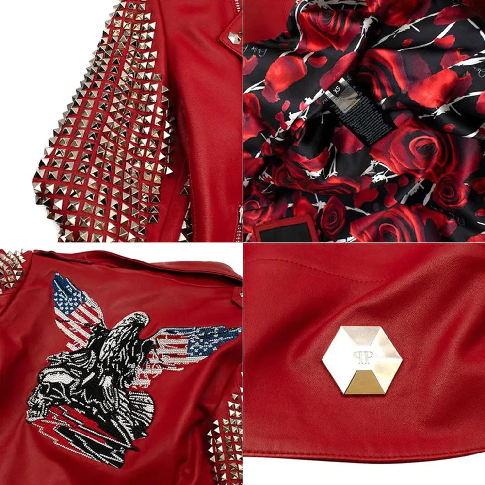 Women Red New Motorcycle Studded Fashion Biker Leather Jacket