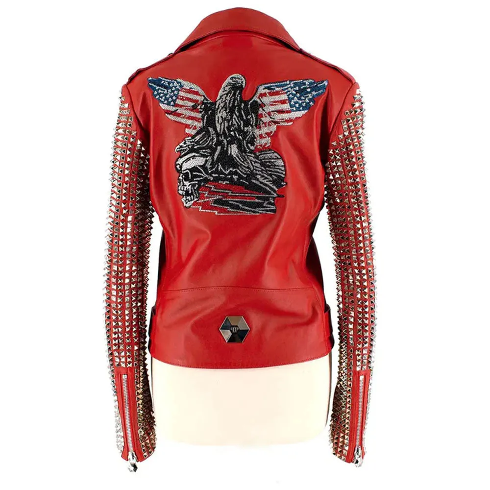 Women Red New Motorcycle Studded Fashion Biker Leather Jacket