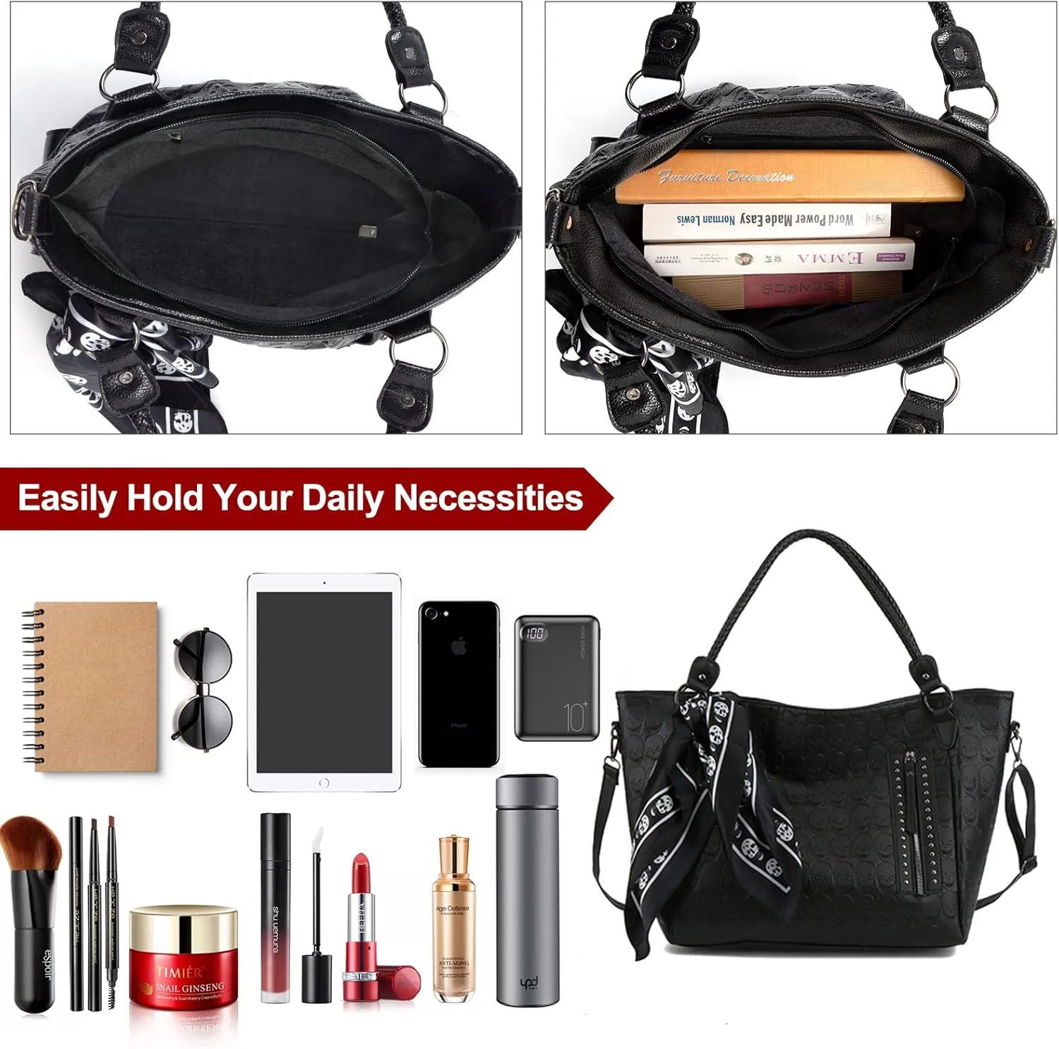 Women Skull Tote Bag Revit Studded Handbag Pu Leather Purse and Wallet