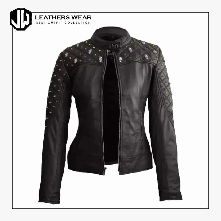 Women Studded Black Leather Jacket