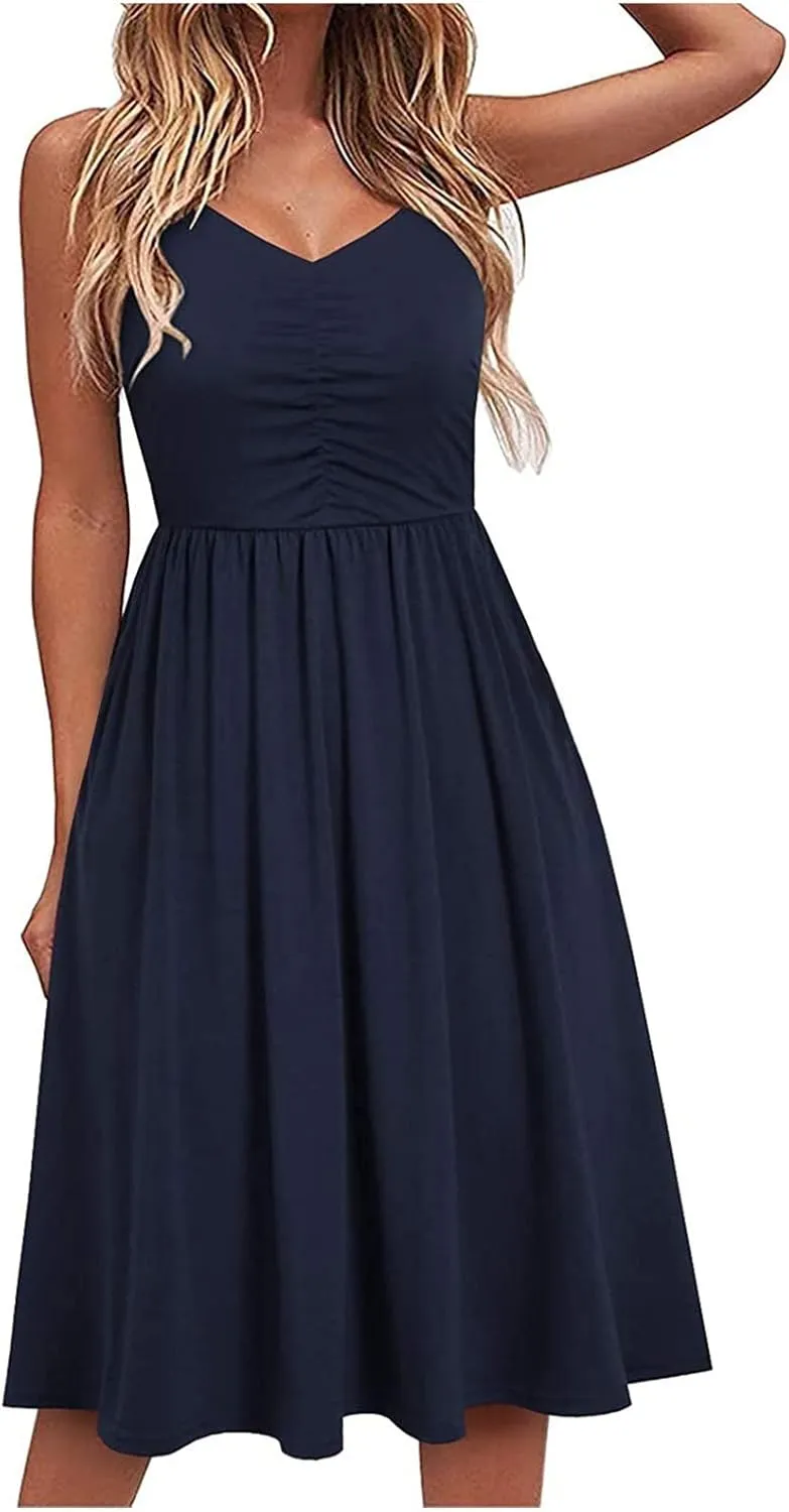 Women Summer Dresses Spaghetti Strap Simple Solid Color Sundresses Trendy Loose Casual Vacation Short Dresses
