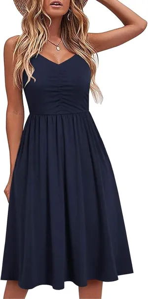 Women Summer Dresses Spaghetti Strap Simple Solid Color Sundresses Trendy Loose Casual Vacation Short Dresses