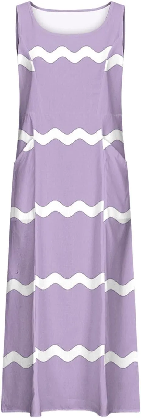Women Summer Dresses Trendy Striped Grahpic Design Sundress Sleeveless Loose Casual Midi Dresse with Pockets