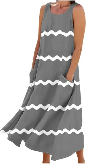 Women Summer Dresses Trendy Striped Grahpic Design Sundress Sleeveless Loose Casual Midi Dresse with Pockets