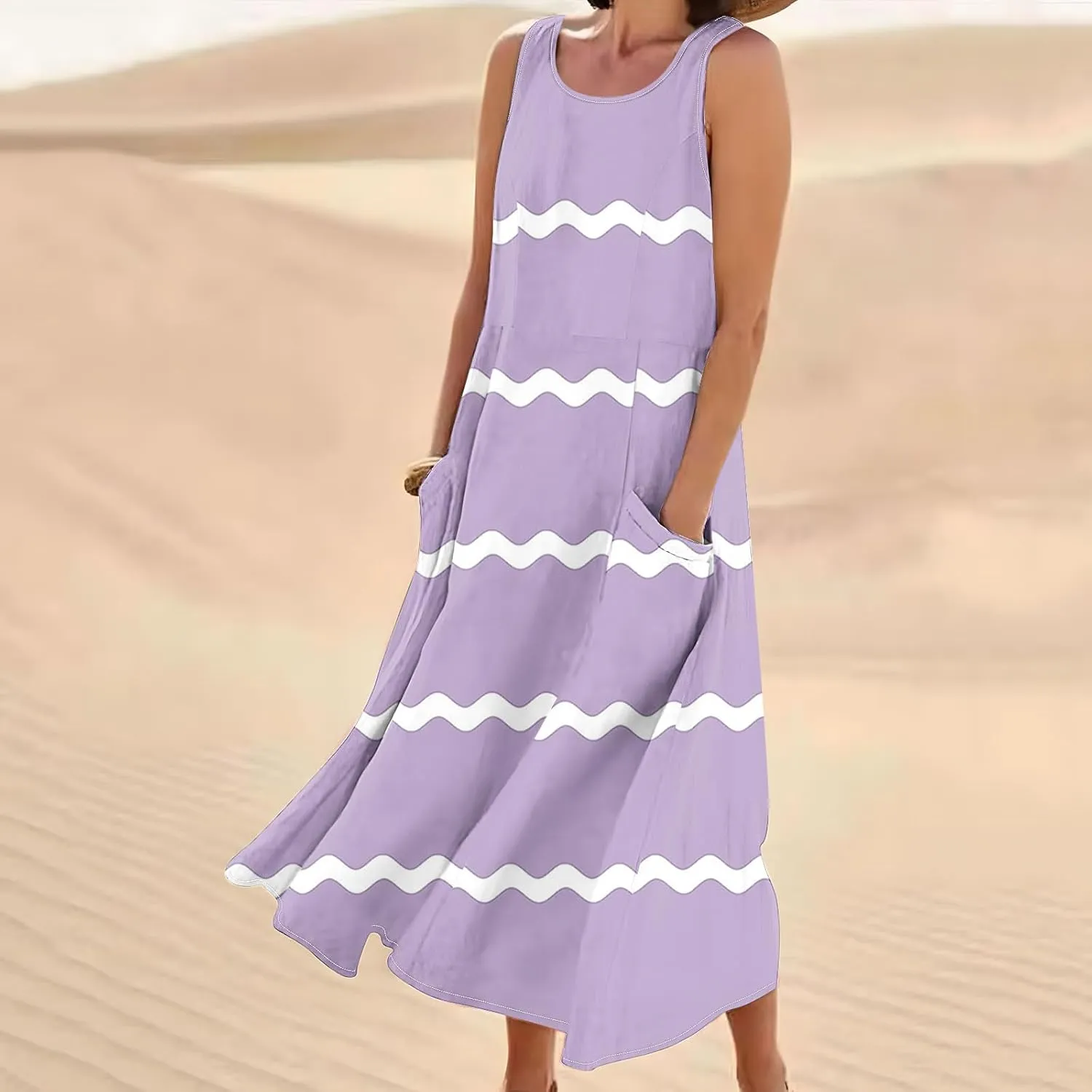 Women Summer Dresses Trendy Striped Grahpic Design Sundress Sleeveless Loose Casual Midi Dresse with Pockets