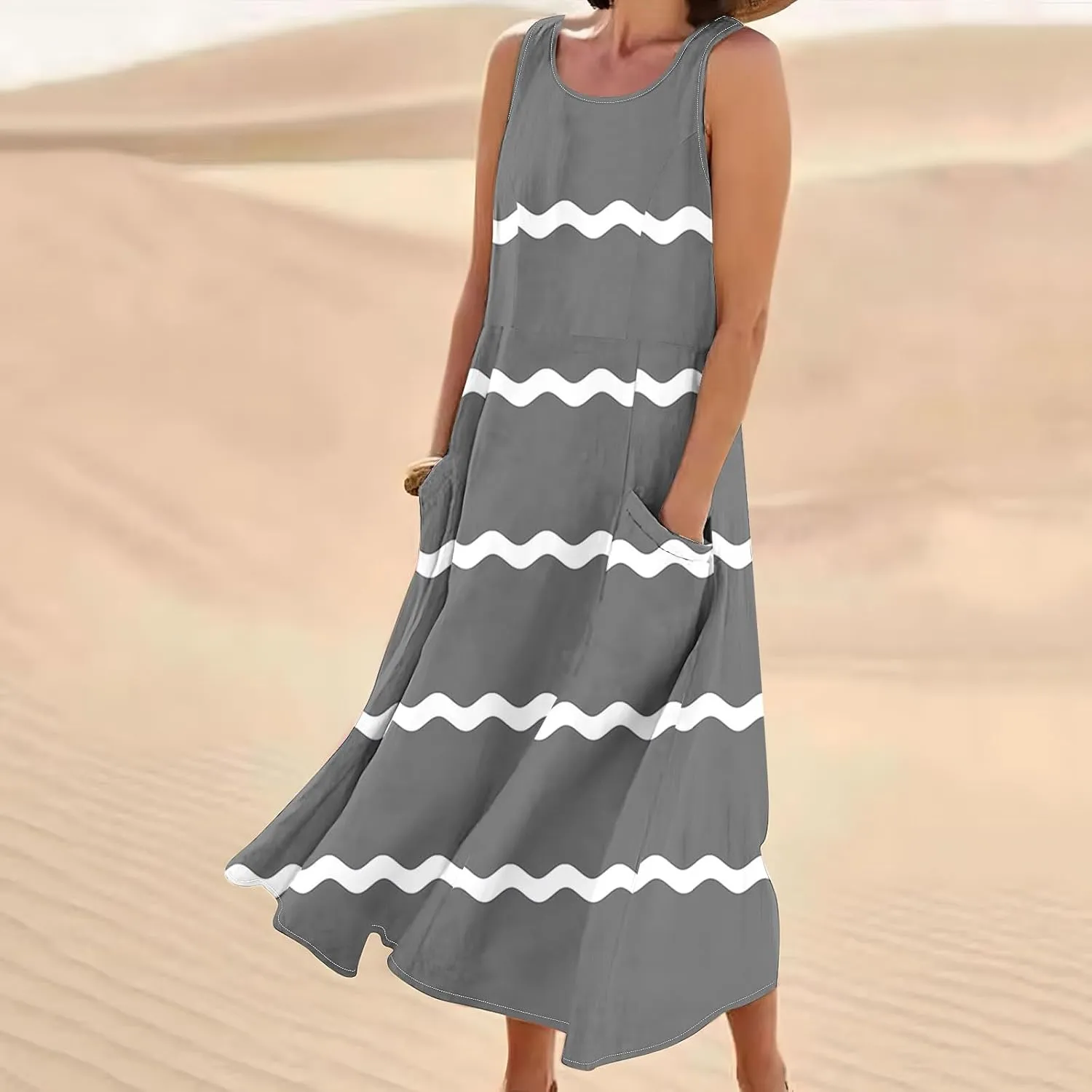 Women Summer Dresses Trendy Striped Grahpic Design Sundress Sleeveless Loose Casual Midi Dresse with Pockets