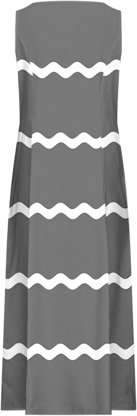 Women Summer Dresses Trendy Striped Grahpic Design Sundress Sleeveless Loose Casual Midi Dresse with Pockets