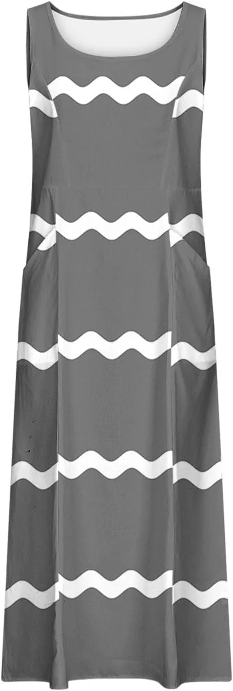 Women Summer Dresses Trendy Striped Grahpic Design Sundress Sleeveless Loose Casual Midi Dresse with Pockets