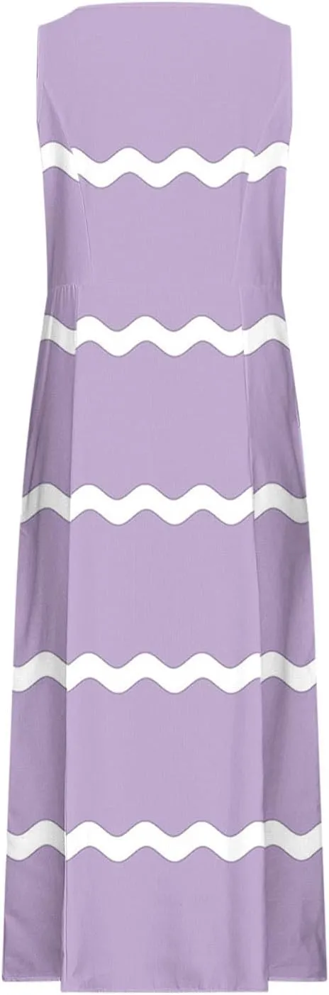 Women Summer Dresses Trendy Striped Grahpic Design Sundress Sleeveless Loose Casual Midi Dresse with Pockets