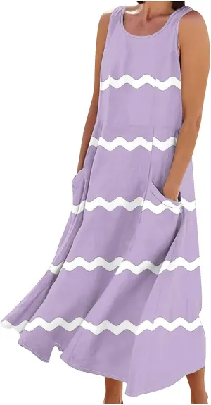 Women Summer Dresses Trendy Striped Grahpic Design Sundress Sleeveless Loose Casual Midi Dresse with Pockets
