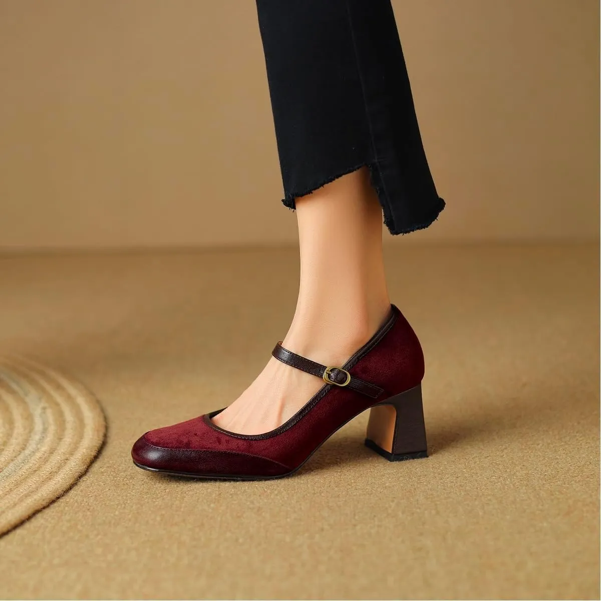 Women Vintage Chunky Heel Mary Jane Pumps Shoes Square Closed Toe Ankle Strap Dress Sandals Suede Matte Mid Block Heels Mary Jane Pumps Buckle Patchwork Party Office Work Wedding 4-11 M US