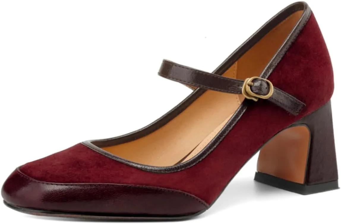 Women Vintage Chunky Heel Mary Jane Pumps Shoes Square Closed Toe Ankle Strap Dress Sandals Suede Matte Mid Block Heels Mary Jane Pumps Buckle Patchwork Party Office Work Wedding 4-11 M US
