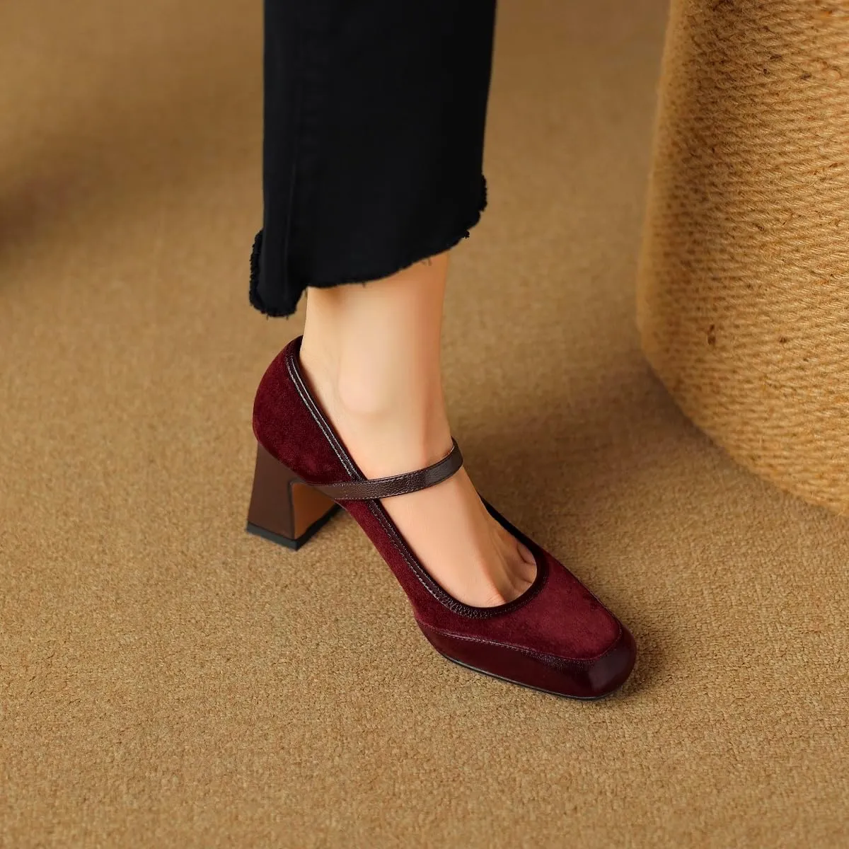 Women Vintage Chunky Heel Mary Jane Pumps Shoes Square Closed Toe Ankle Strap Dress Sandals Suede Matte Mid Block Heels Mary Jane Pumps Buckle Patchwork Party Office Work Wedding 4-11 M US