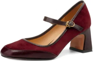 Women Vintage Chunky Heel Mary Jane Pumps Shoes Square Closed Toe Ankle Strap Dress Sandals Suede Matte Mid Block Heels Mary Jane Pumps Buckle Patchwork Party Office Work Wedding 4-11 M US