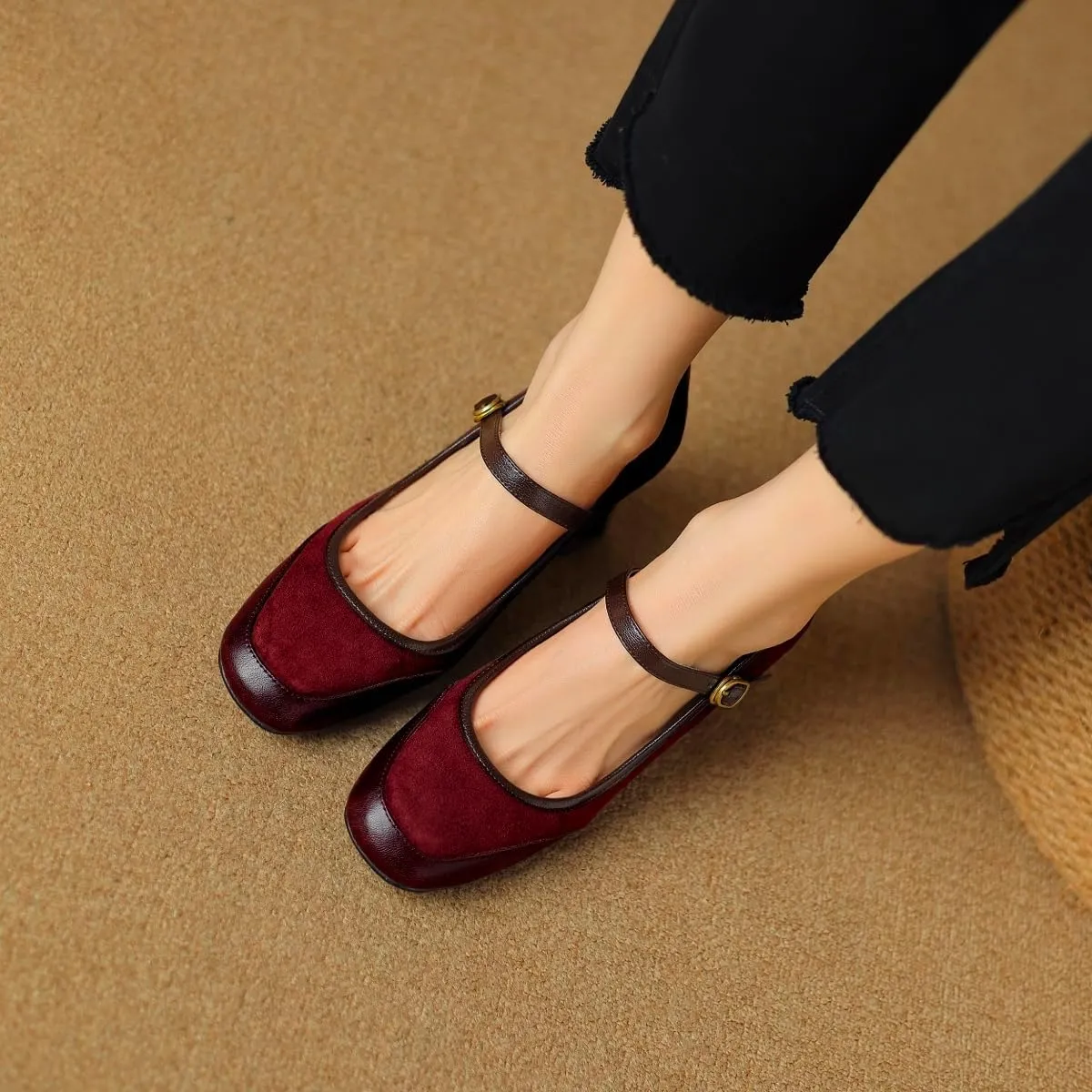 Women Vintage Chunky Heel Mary Jane Pumps Shoes Square Closed Toe Ankle Strap Dress Sandals Suede Matte Mid Block Heels Mary Jane Pumps Buckle Patchwork Party Office Work Wedding 4-11 M US