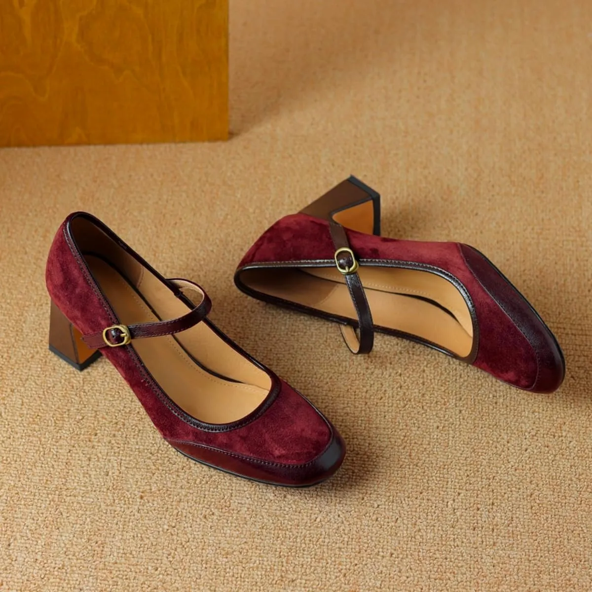 Women Vintage Chunky Heel Mary Jane Pumps Shoes Square Closed Toe Ankle Strap Dress Sandals Suede Matte Mid Block Heels Mary Jane Pumps Buckle Patchwork Party Office Work Wedding 4-11 M US