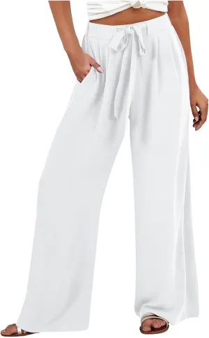 Women Wide Leg Pants 2025 Summer High Waist Casual Trousers with Belt Loose Lounge Beach Travel Vacation Clothes