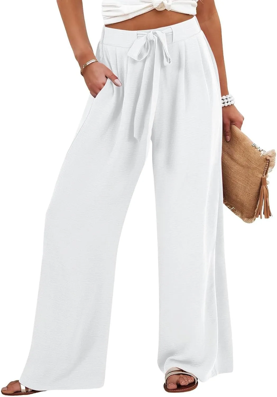 Women Wide Leg Pants 2025 Summer High Waist Casual Trousers with Belt Loose Lounge Beach Travel Vacation Clothes