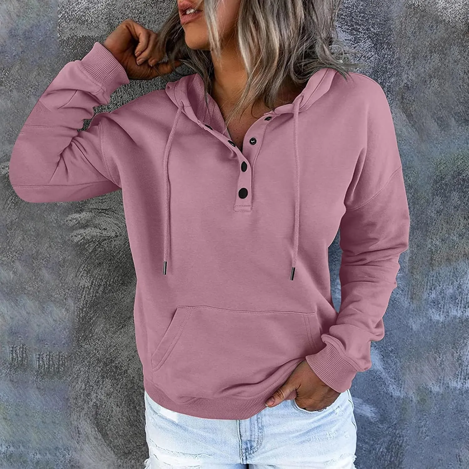 Womens 2024 Hooded Button Collar Drawstring Hoodies Pullover Sweatshirts Casual Long Sleeve Tops Shirts