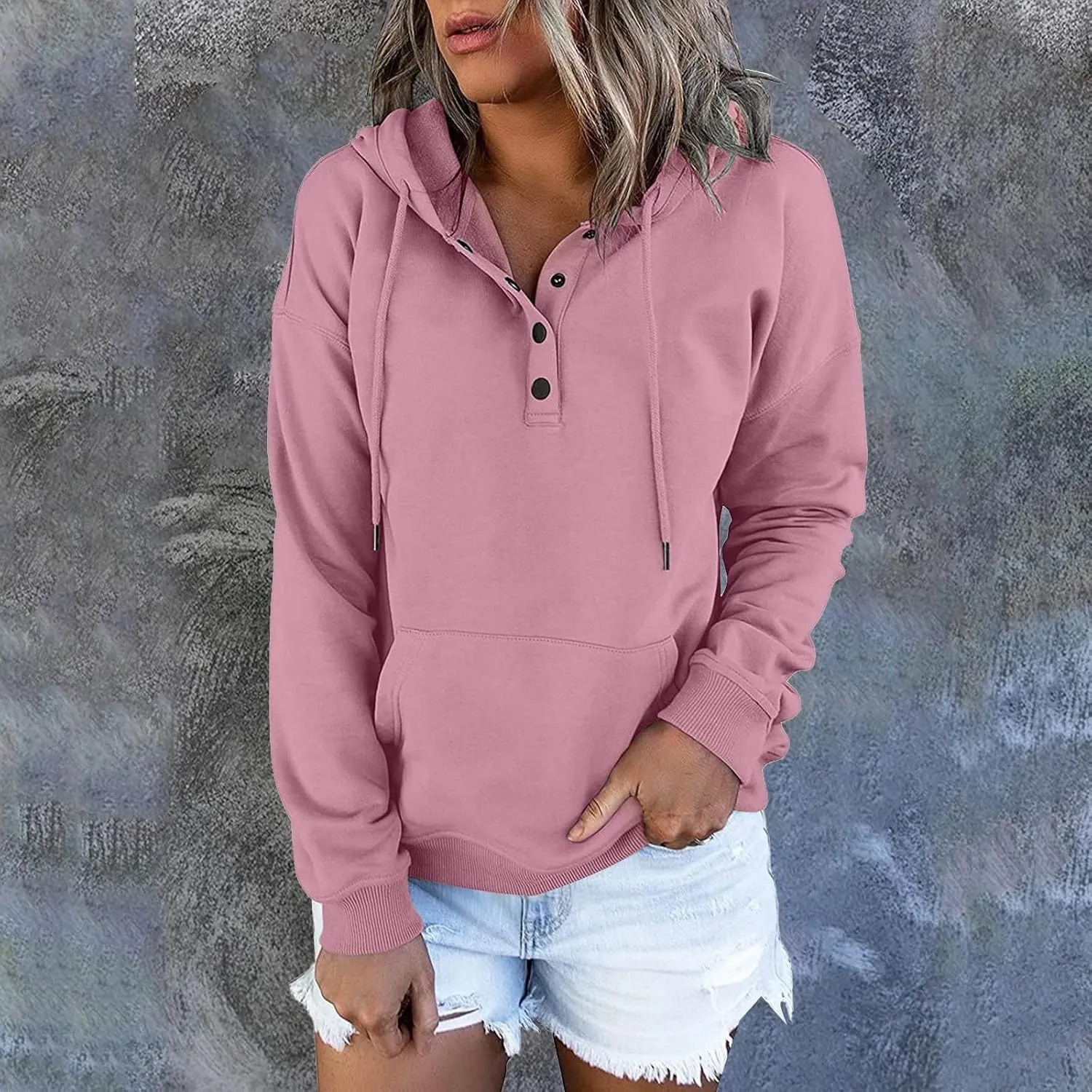 Womens 2024 Hooded Button Collar Drawstring Hoodies Pullover Sweatshirts Casual Long Sleeve Tops Shirts