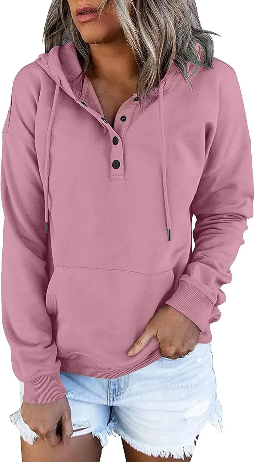 Womens 2024 Hooded Button Collar Drawstring Hoodies Pullover Sweatshirts Casual Long Sleeve Tops Shirts
