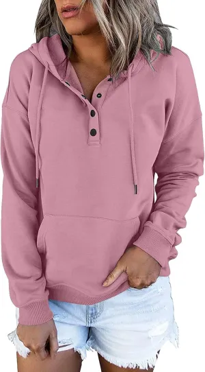Womens 2024 Hooded Button Collar Drawstring Hoodies Pullover Sweatshirts Casual Long Sleeve Tops Shirts