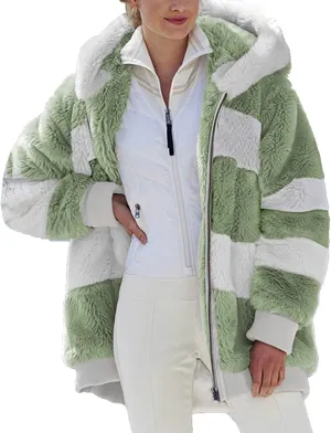Womens 2024 Winter Fuzzy Fleece Jacket Fur Fluffy Hooded Jacket Coat Color Block Patchwork Coats Warm Overcoat Outwear
