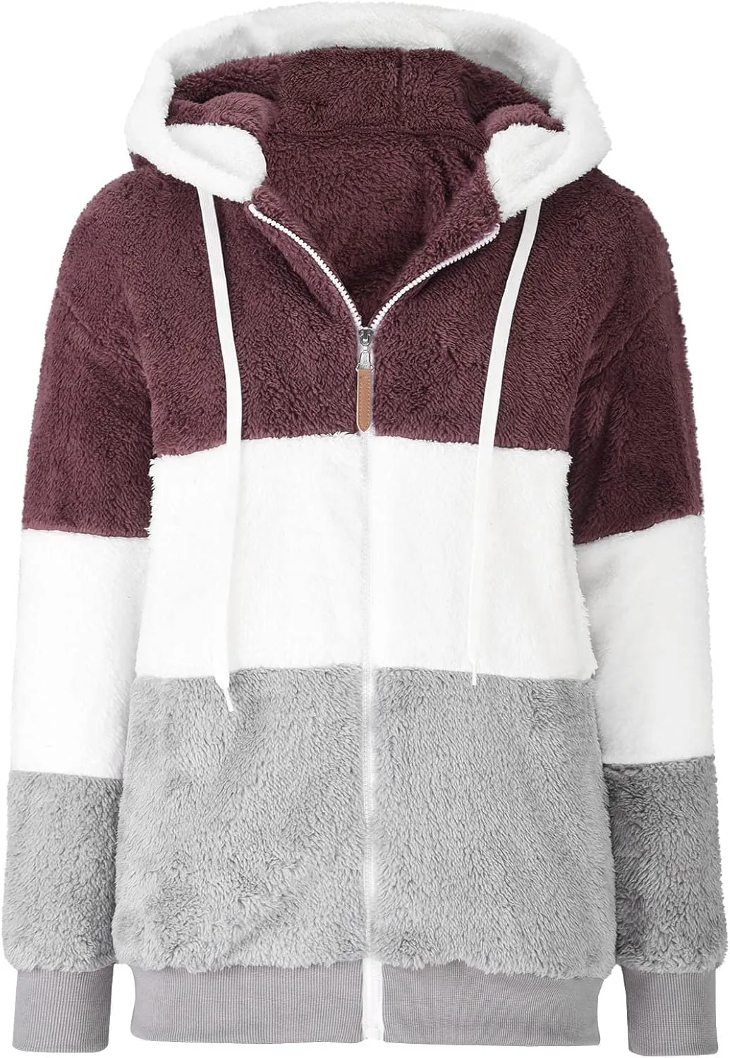 Womens 2024 Winter Fuzzy Fleece Jacket Fur Fluffy Hooded Jacket Coat Color Block Patchwork Coats Warm Overcoat Outwear