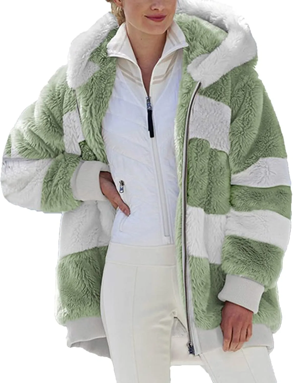 Womens 2024 Winter Fuzzy Fleece Jacket Fur Fluffy Hooded Jacket Coat Color Block Patchwork Coats Warm Overcoat Outwear