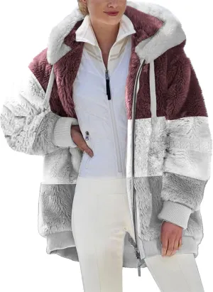 Womens 2024 Winter Fuzzy Fleece Jacket Fur Fluffy Hooded Jacket Coat Color Block Patchwork Coats Warm Overcoat Outwear