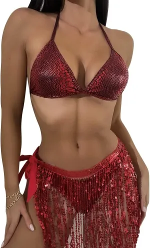Women's 3Pcs Holographic Sequin Fringe Tassel Skirt Tube Bra Top Shiny Rave Outfits Festival 80s 90s Dancewear Costume