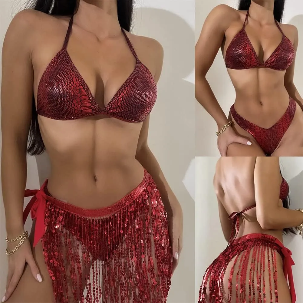 Women's 3Pcs Holographic Sequin Fringe Tassel Skirt Tube Bra Top Shiny Rave Outfits Festival 80s 90s Dancewear Costume