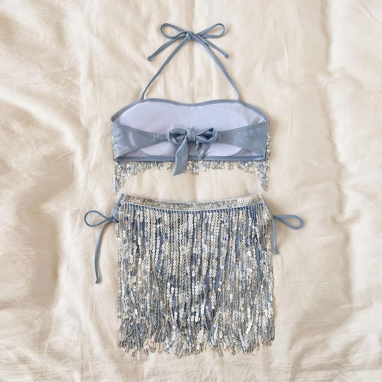 Women's 3Pcs Holographic Sequin Fringe Tassel Skirt Tube Bra Top Shiny Rave Outfits Festival 80s 90s Dancewear Costume