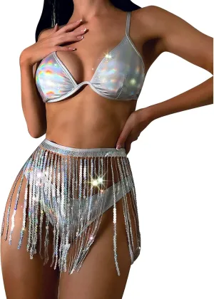 Women's 3Pcs Holographic Sequin Fringe Tassel Skirt Tube Bra Top Shiny Rave Outfits Festival 80s 90s Dancewear Costume