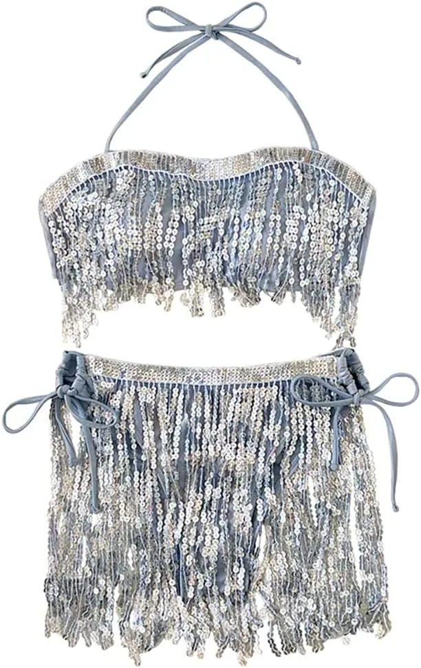Women's 3Pcs Holographic Sequin Fringe Tassel Skirt Tube Bra Top Shiny Rave Outfits Festival 80s 90s Dancewear Costume