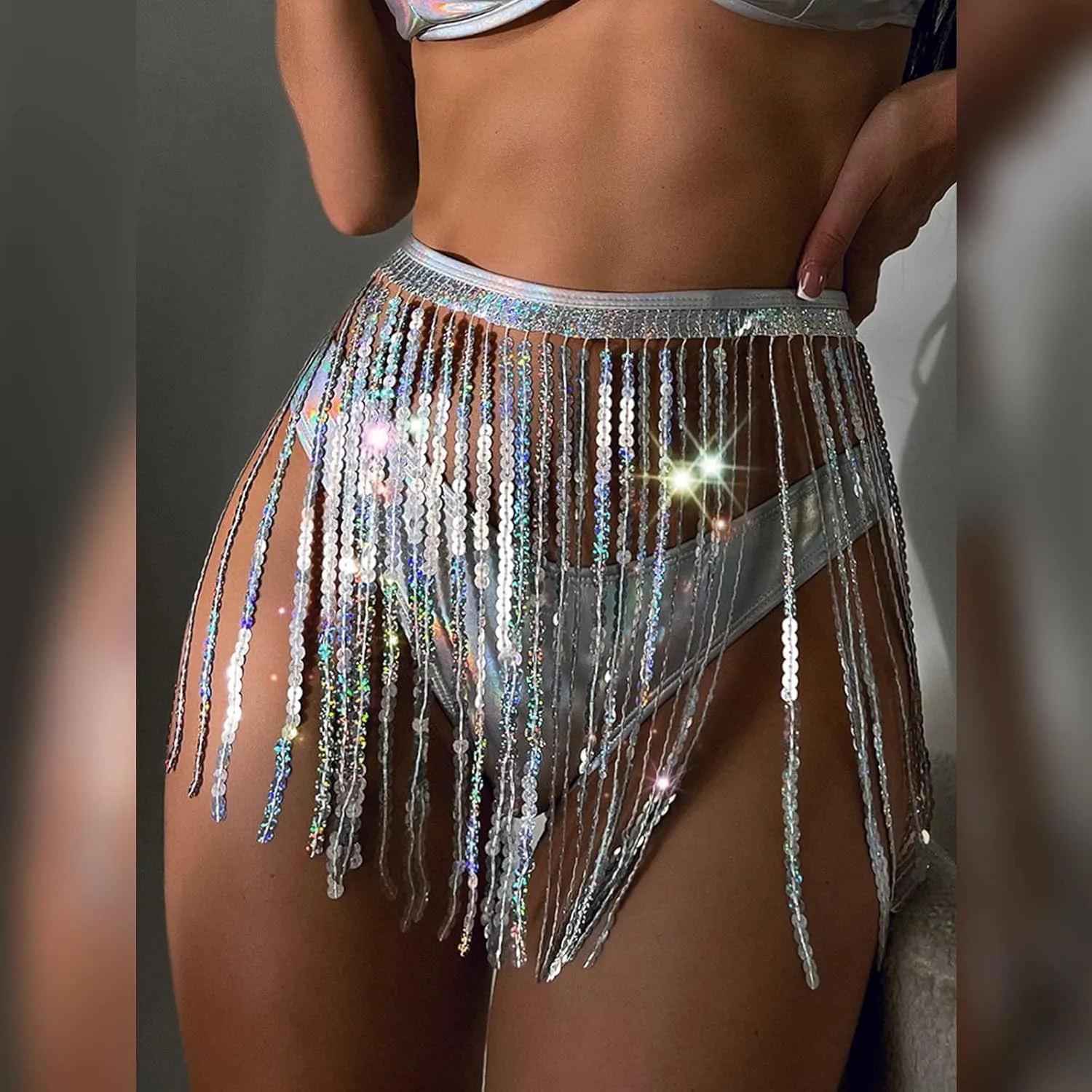 Women's 3Pcs Holographic Sequin Fringe Tassel Skirt Tube Bra Top Shiny Rave Outfits Festival 80s 90s Dancewear Costume