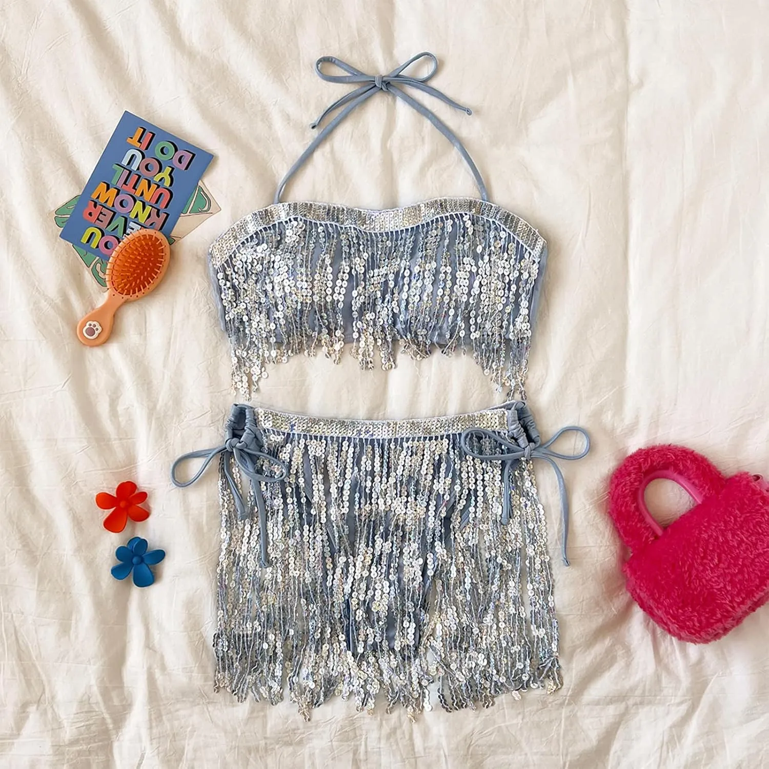 Women's 3Pcs Holographic Sequin Fringe Tassel Skirt Tube Bra Top Shiny Rave Outfits Festival 80s 90s Dancewear Costume