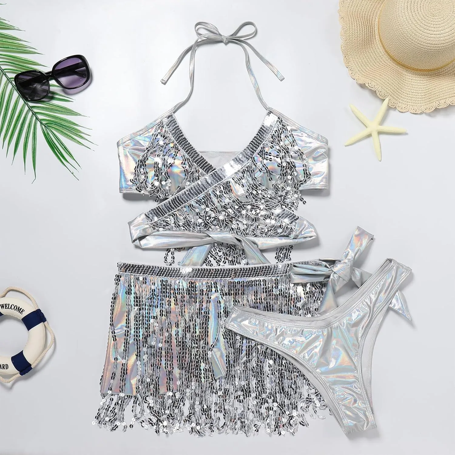 Women's 3Pcs Holographic Sequin Fringe Tassel Skirt Tube Bra Top Shiny Rave Outfits Festival 80s 90s Dancewear Costume