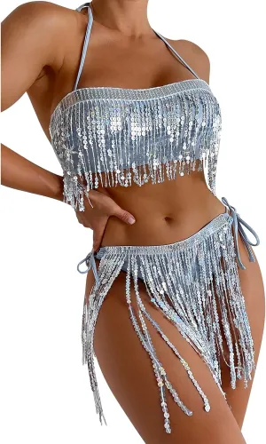Women's 3Pcs Holographic Sequin Fringe Tassel Skirt Tube Bra Top Shiny Rave Outfits Festival 80s 90s Dancewear Costume