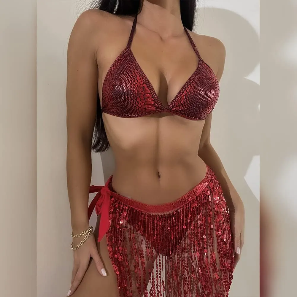 Women's 3Pcs Holographic Sequin Fringe Tassel Skirt Tube Bra Top Shiny Rave Outfits Festival 80s 90s Dancewear Costume